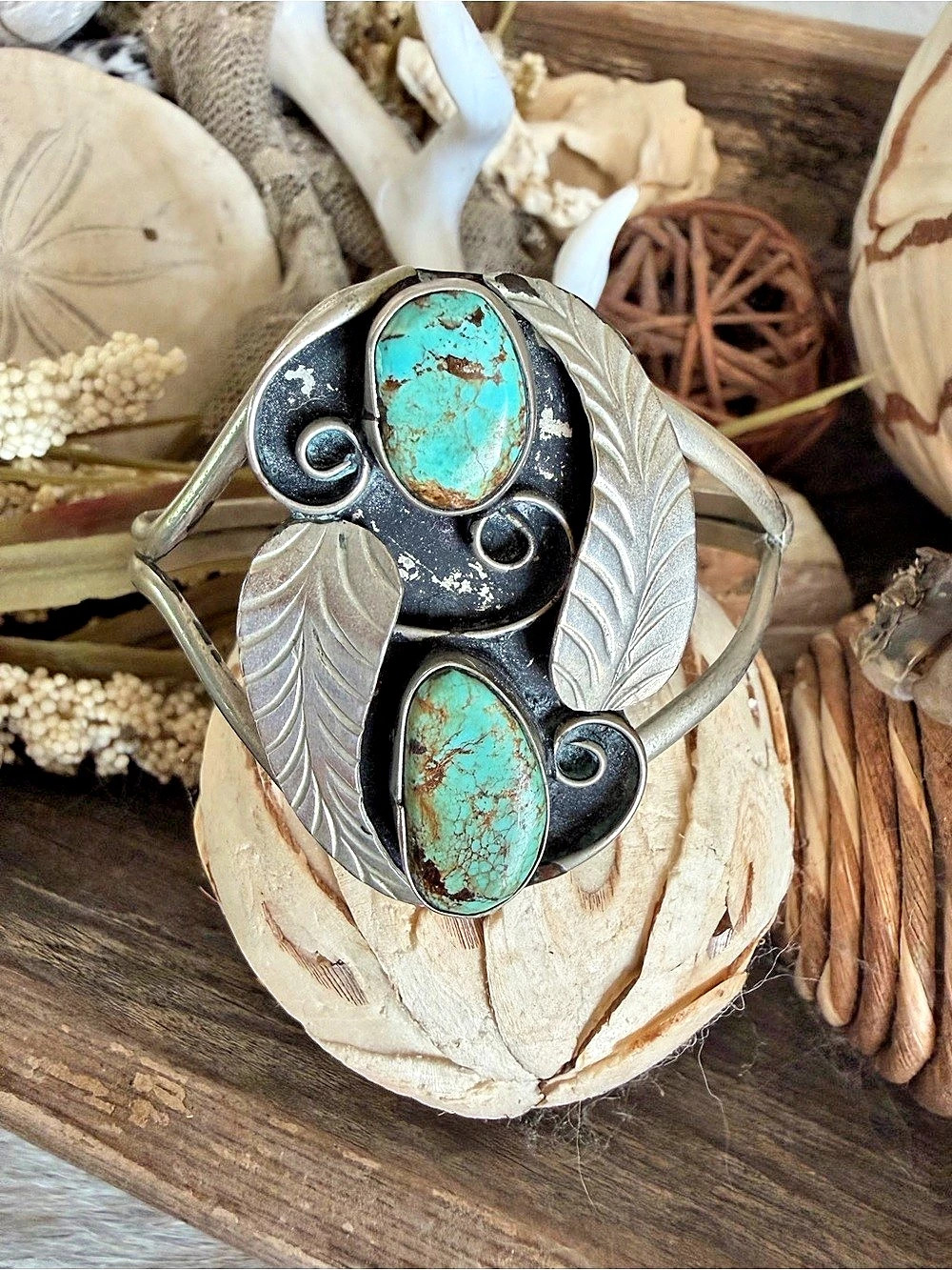 Vintage Turquoise Stone Silver-Tone Cuff Bracelet